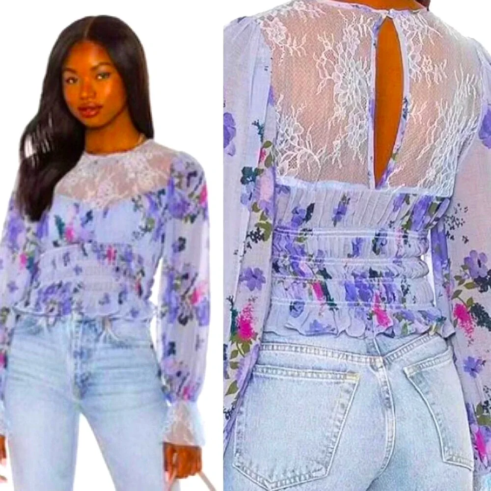 NWT FREE PEOPLE Daphne Crop Peasant Blouse Floral & Lace Smock Waist S